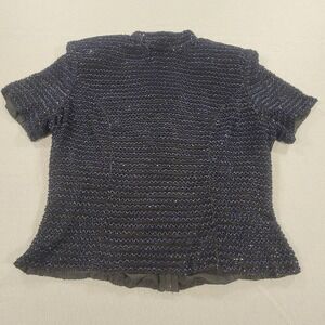 Vintage Laurence Kazar Beaded Silk Top Black Blue Zip Back‎ Short Sleeve Large